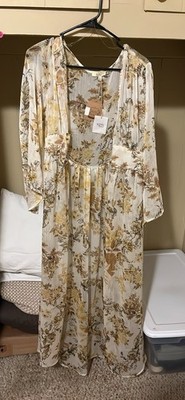 KORI America Boho Floral Maxi Dress Button Front Long Sleeve Ivory Yellow S  | eBay
