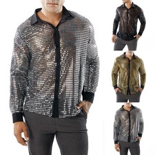 Men's Glittering Sequins Long Sleeve Dance Shirt Retro 70s Disco Nightclub Tops
