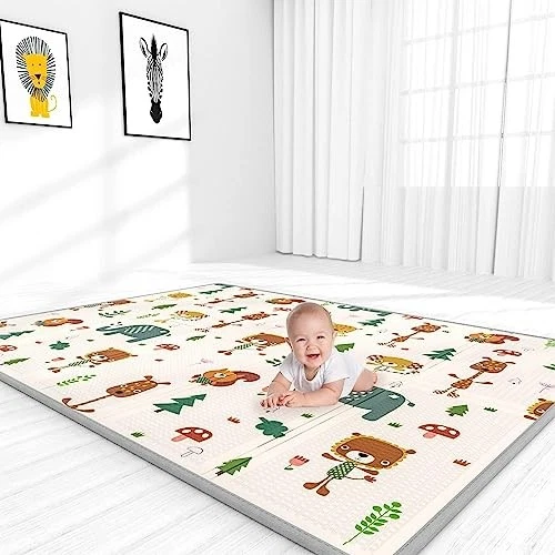 VOOVEE YOOVEE FOLDABLE BABY PLAY MAT CRAWLING, XL PLAY MAT (LION & SQUIRREL)