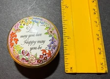 Haycyon Days Enamels Trinket Box English England “Long may you live Happy Damage