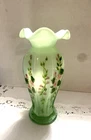 Vtg Fenton Vase 8 Inches  Ruffled Rim hand Painting Roses Infused Green NICE