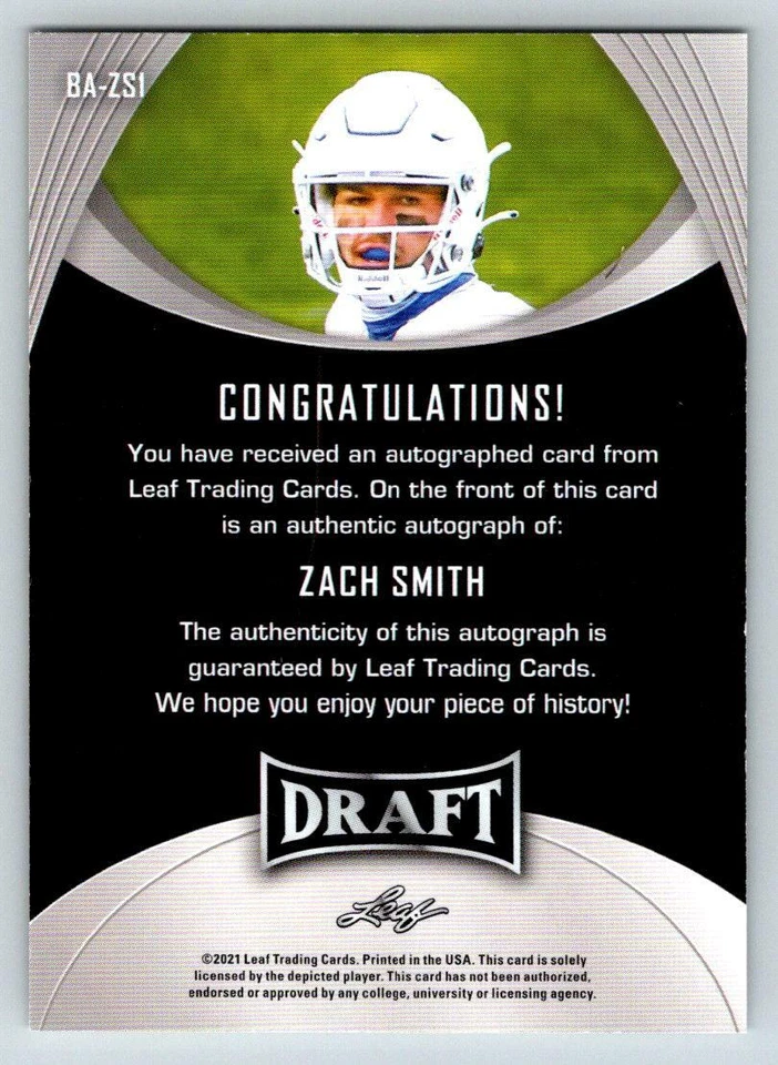 2021 Leaf Draft AUTO #BAZS1 Zach Smith (ref 210395) - Image 2 of 2