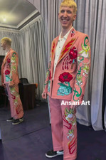 Men's pink 2pc Custom made floral Embroidered Designer Pantsuit western wedding