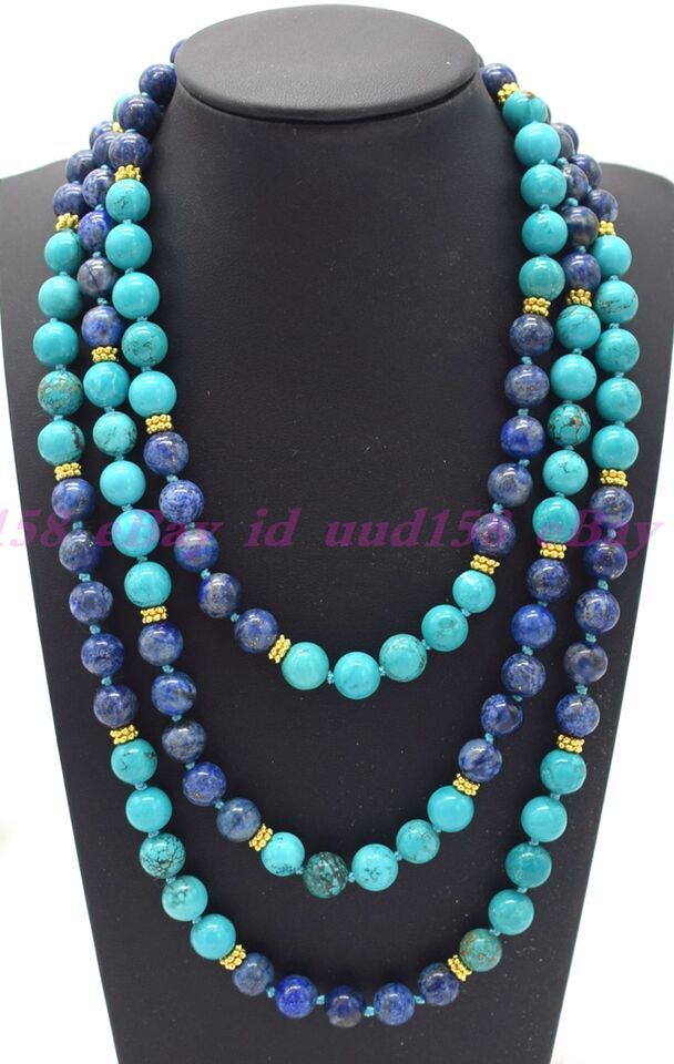 Long 36 Inch 8mm Natural Blue Lapis Lazuli Round Gemstone Beads Necklace AAA