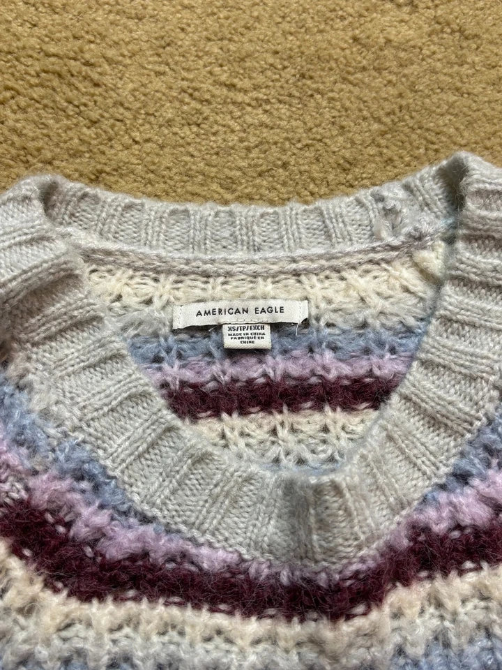 Suéter American Eagle Cuello Ancho Transparente Grueso Tejido Gofre Rayas Lana Nylon XS Foto 3 de 3