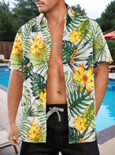 Summer Casual Short Sleeve Shirt, 100 Polyester, All Over Tropical Print