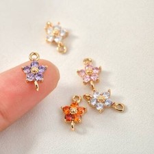 6pcs CZ Pave Flower Charm Connector,Cubic Zirconia Floral Pendant,Petal Charms