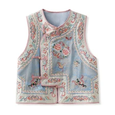 Womens Stand Collar Sleeveless Embroidery Vest Waistcoat Retro Chinese Style New