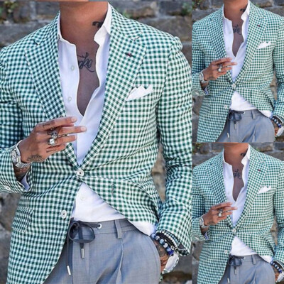 Green Seersucker Men's Suit Check Two Piece Wedding Groom Tuxedo Casual Slim Fit