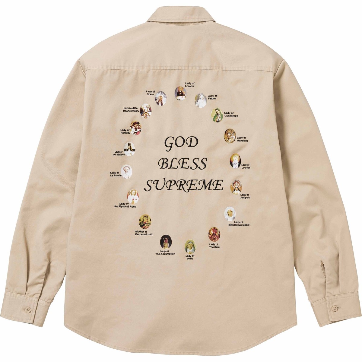 Supreme SS24 Our Lady God Bless Supreme Work Shirt Khaki Size XL