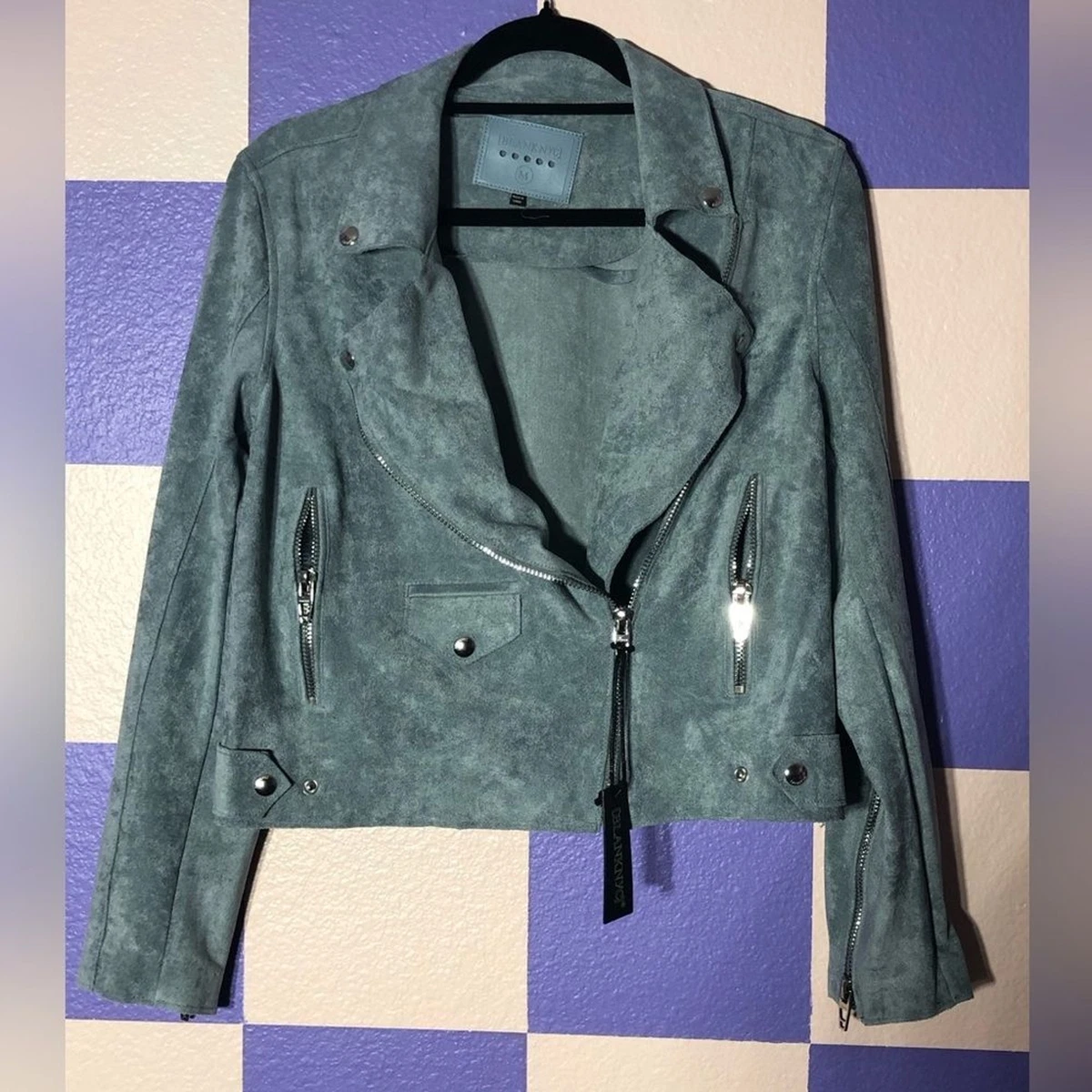 NWT Blank NYC Faux Suede Brickwall Moto Jacket in Blue Gray