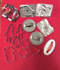 Antique TIN Primitive Folk Art Flat Cookie Cutter Lot Biscuit Red Handle