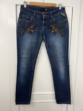 Just Cavalli Woman  s Jeans Leather Logo Blue Waist 30" Inseam 28.5"