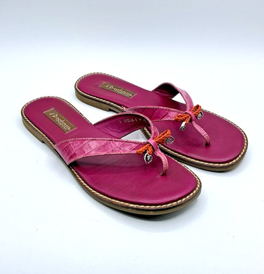 Brighton Ofelia Sz 8 M Pink Croc Embossed Leather Slip On Flip Flop Thong Shoes