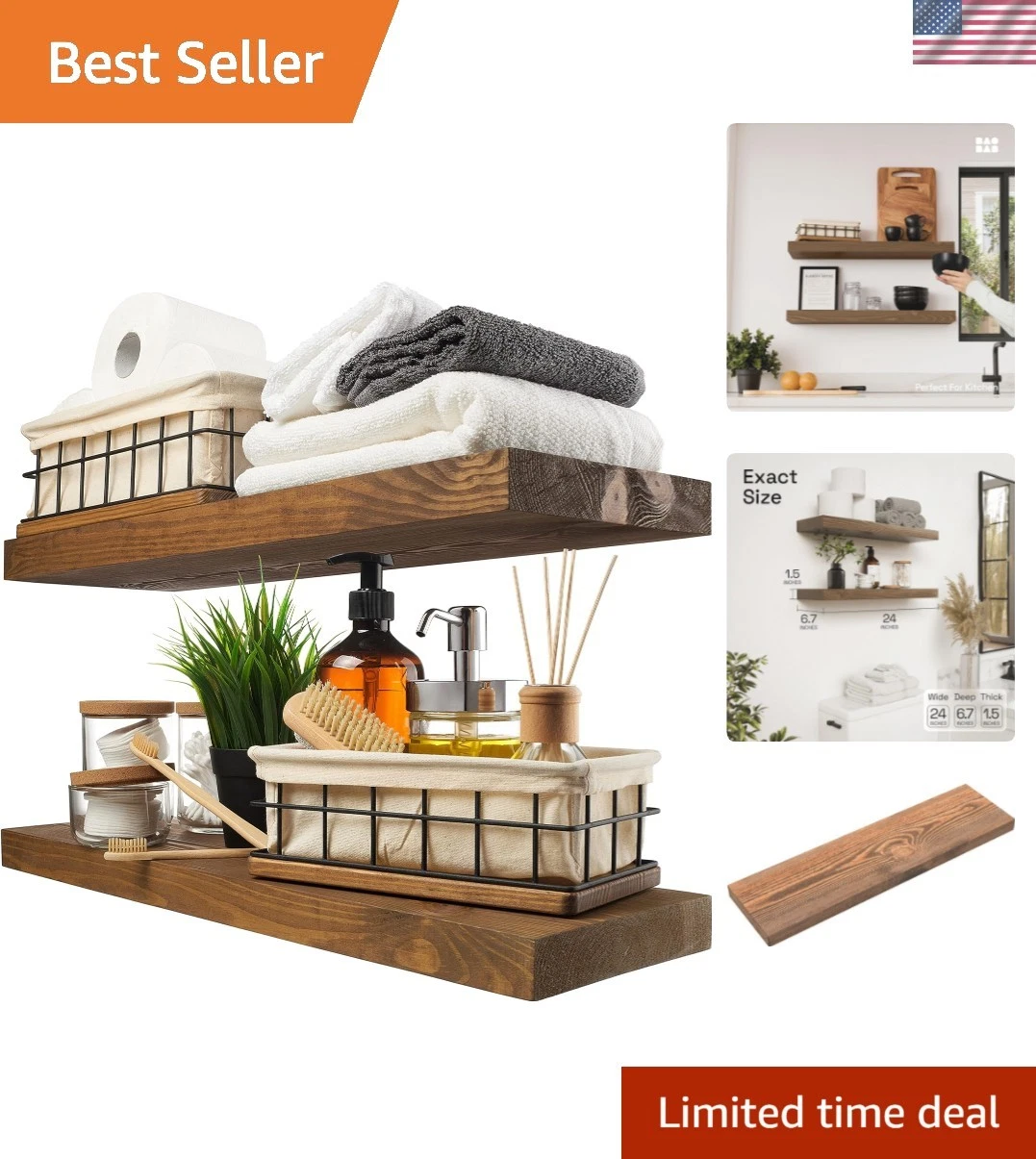 Wood Floating Shelves, Bathroom Shelf 24 inch, Walnut Floating Shelf for Wall...