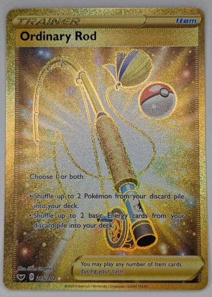 Ordinary Rod 215/202 Pokémon TCG Sword & Shield Base Set Gold Secret Rare NM