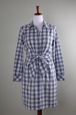 CALVIN KLEIN $119 White Blue Plaid Bow Tie Front Pencil Shirt Dress Size 10