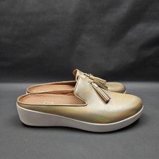 FitFlop Tassel Superskate Shoes Womens 8 Gold Iridescent Leather Mules Comfort