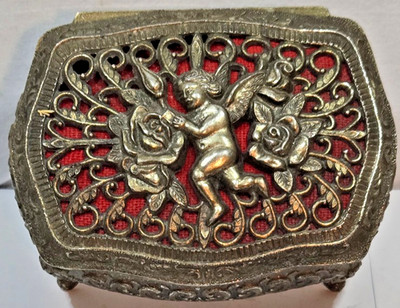 Pewter Trinket Box, Cherub & Roses Filigree Top, Red Felt Padded Interior