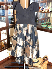 XScape Fit and Flare Off The Shoulder Dress Golden Floral Skirt Hi-Low Size 14