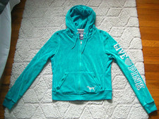 Victoria's Secret Blue Give Pink Bling" Dog logo Jogger soft zip up Hoodie M Y2K