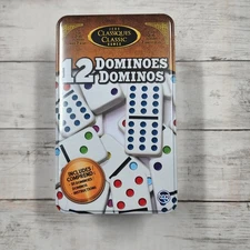 CLASSIC 12 Dominoes Set in Tin Case – 91 Color Dot Tiles & Instructions – Family