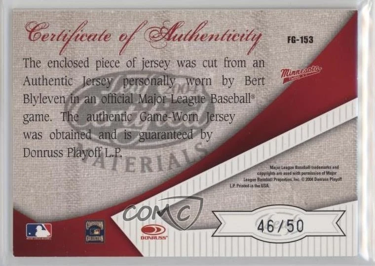 2004 Leaf Certified Materials Fabric of the Game Award /50 Bert Blyleven HOF - Image 2 of 2
