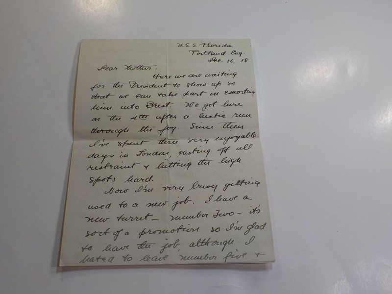 WW1 Letter 1918 Escorting President Brest France Battleship U.S.S. Florida WWI