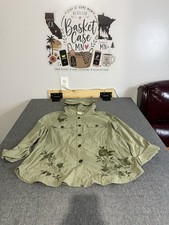 zenergy by chicos size 1 lightweight hooded jacket green with floral embroidery