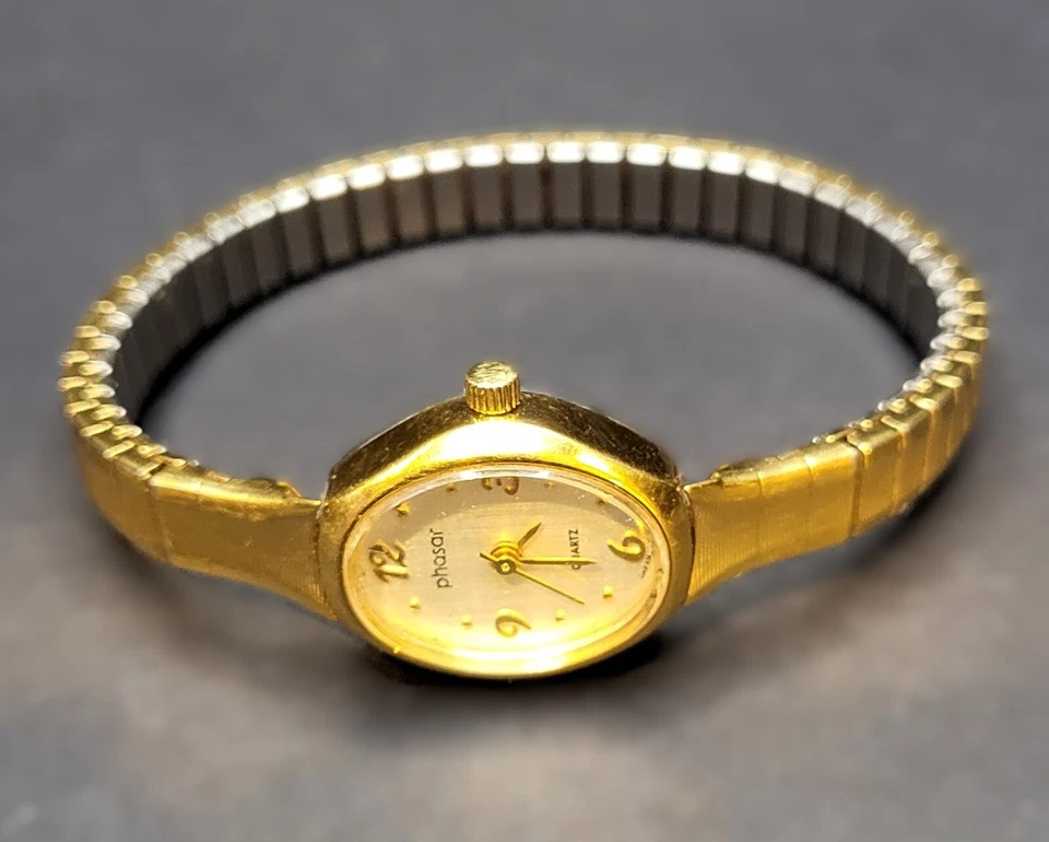 Золотистые винтажные женские кварцевые часы Phasar расширяемый браслет японский механизм - Изображение 4 из 4