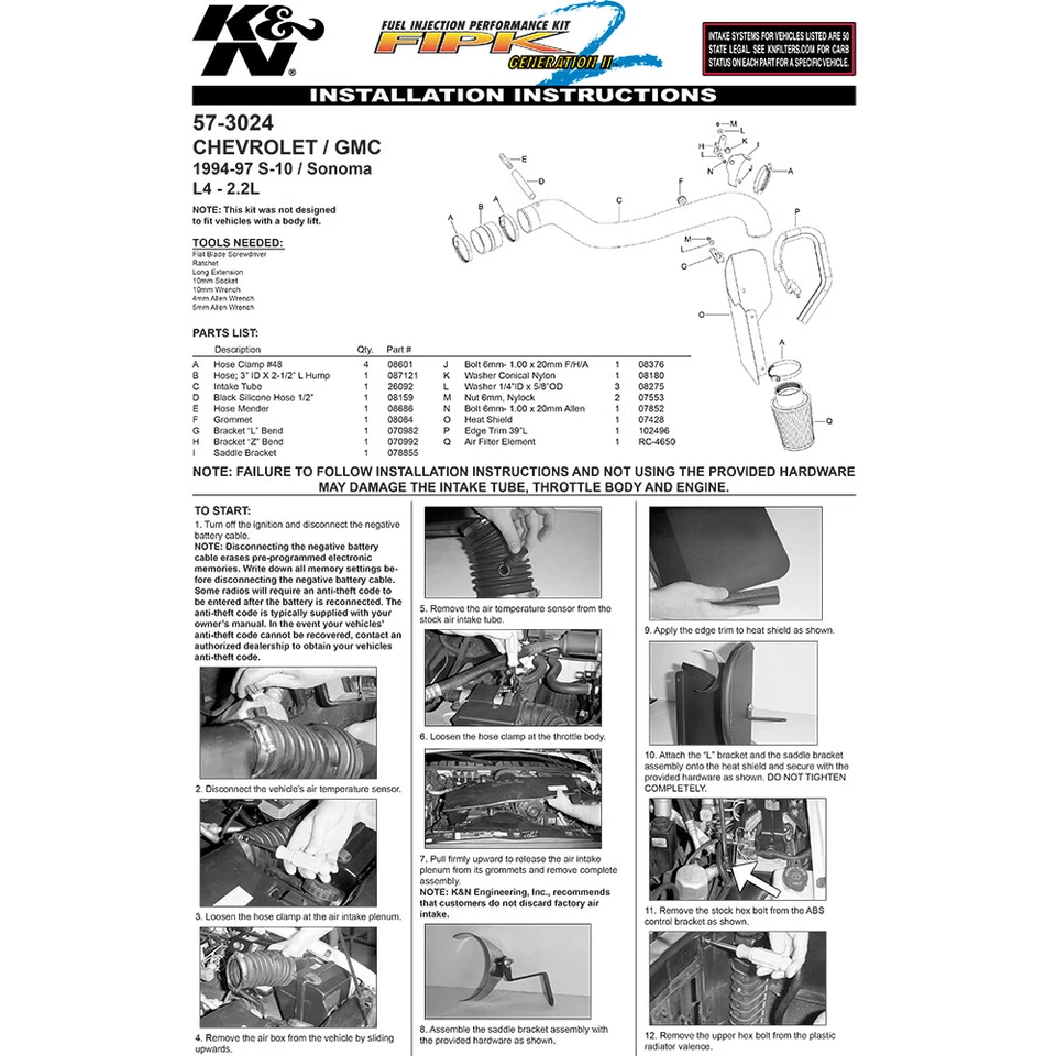 Kit de admisión de aire frío K&N 57-3024 para camioneta Chevrolet S10 1994-1997 / Sonoma 2,2 L Foto 4 de 4