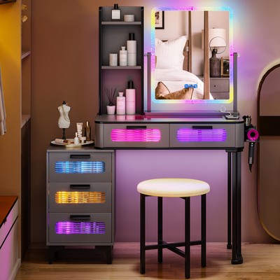 RGB Schminktisch Mit Kabellosem Laden und USB Anschluss,Siebenfarbig dimmbar