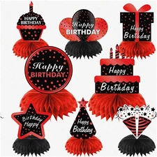 PartyPop Red & Black Honeycomb Centerpieces - 8Pcs Happy Birthday Table Toppers