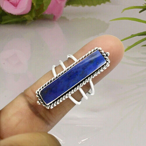 Anello a tripla fascia con pietra grande lapislazzuli in argento sterling... - Immagine 4 di 4