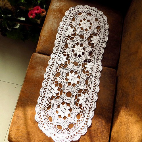 Vintage Hand Crochet Lace Table Runner Oval Dresser Scarf Flower Doily Wedding - Picture 23 of 48