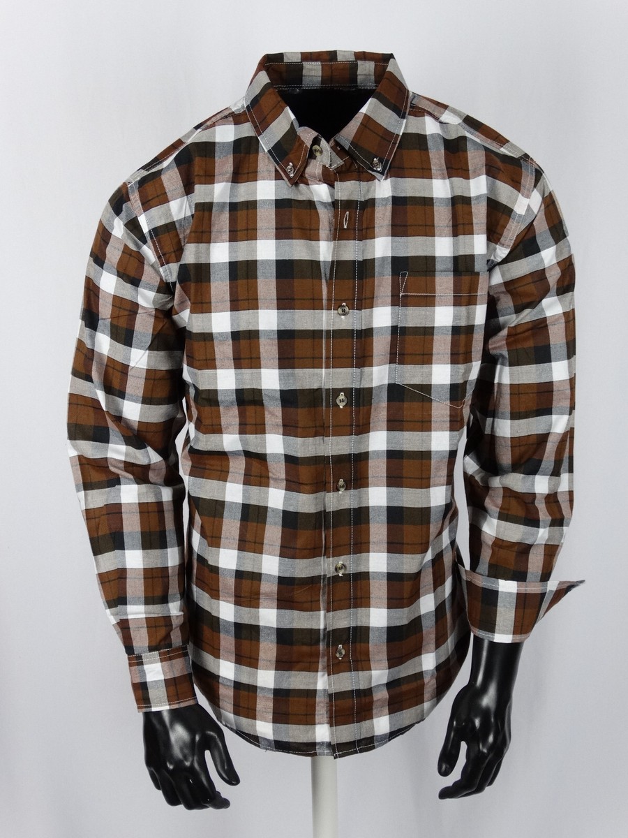 Plaid Shirt Mens Brown Button Down Collar Pocket Long Sleeve Casual Dress
