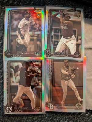 4 Different 2025 Topps Chrome Sepia Refractors: Narvaez RC, Dunn RC, Lowe, Morel