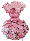 RARE Fenton Charleton Cranberry Glass Melon Vase Hand painted Roses Gold Trim 8"