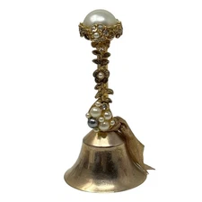Vintage Faux Pearl and Crystal Encrusted Goldtone Dinner Bell 3.5" 