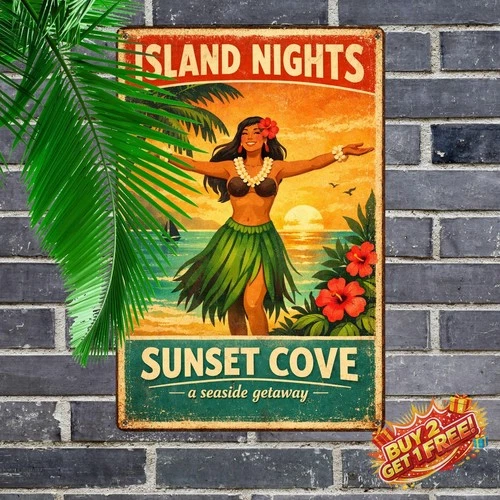 Aloha from Waikiki Vintage Tin Sign 8x12 Hawaii Tropical Metal Wall Art