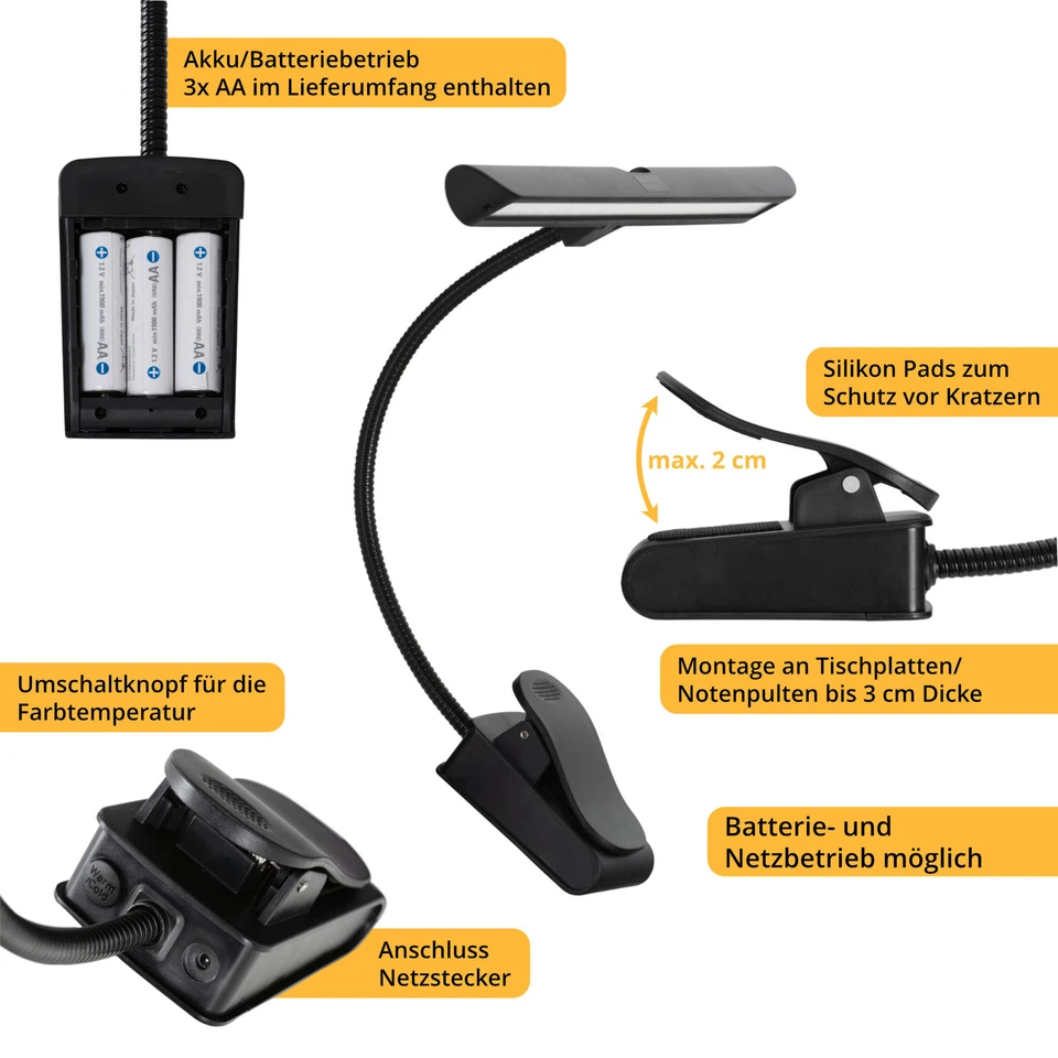 LED Notenpult Leuchte Lampe Orchesterpult dimmbar Kelvin Touch Sensor Batterie - Bild 3 von 4
