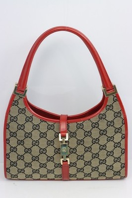 Auth GUCCI Jackie O GG Canvas Shoulder Bag Red Tan Silver Piston Lock Vintage
