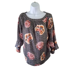 LOFT Outlet Floral Print Blouse 3/4 Sleeves Womens Small Petite Black Orange
