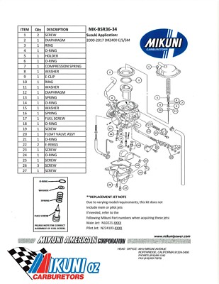 MK-BSR36-34 Mikuni BSR36 Carb Rebuild Kit fits Suzuki DRZ400 E/S/M