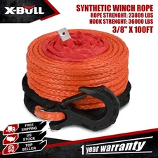 X-BULL Dyneema Synthetic Winch Rope with Hook 3/8" x 100ft 23,809 Lbs Recovery