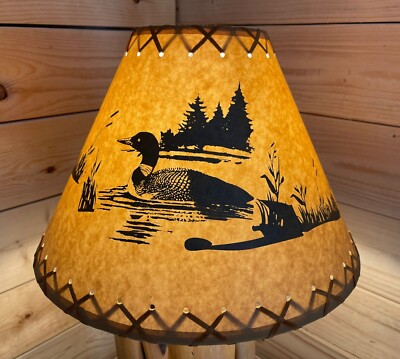 Rustic Oiled Kraft Paper Lamp Shade with Loon on Lake Design - 14''