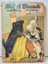 1946 Vtg RARE “Wet A Brush” Coloring Book Saalfield Publishing Co Puppy Kittens