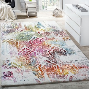 Teppich Modern Leinwand Optik Teppich Floral Ornament Muster Bunt