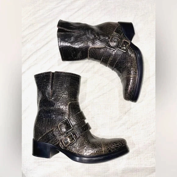 Miu Miu — Miu Miu Prada New NIB Size 39 8 Black Cracle Leather Buckle Ankle Biker Boots