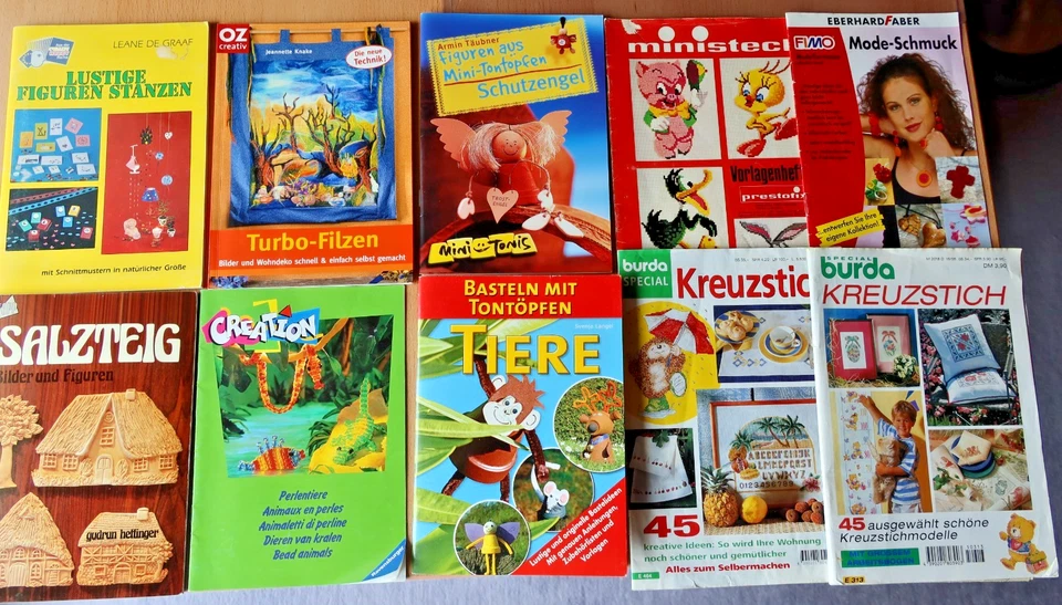 10 x Anleitungen Hefte zum Basteln - Salzteig Modeschmuck Kreuzstich Perlentiere - Bild 1 von 4